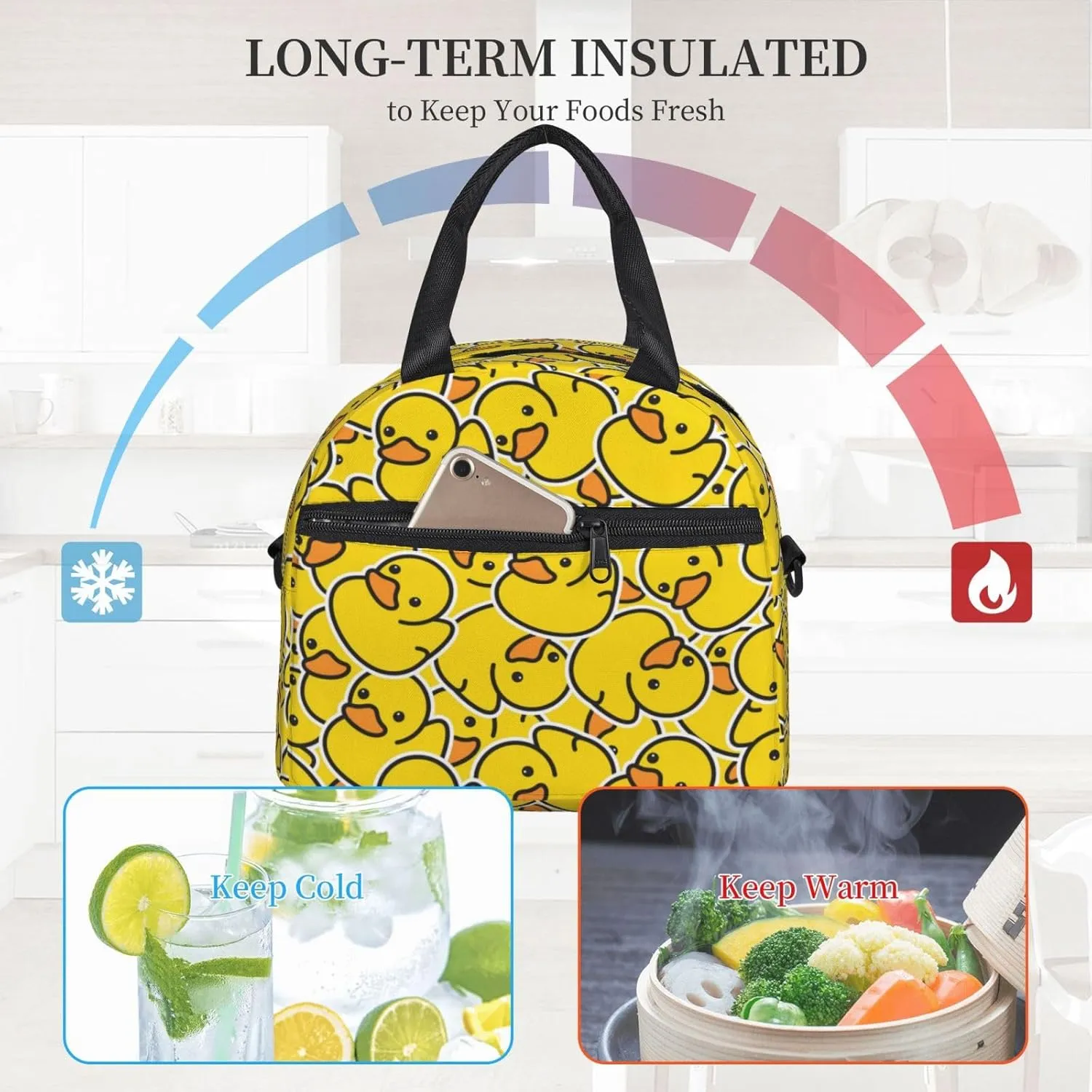 Cute Rubber Ducky Cartoon Duck Lunch Bag with Adjustable Shoulder Strap for Women Men Reusable Lunch Box Leakproof Tote Bags Insulated Cooler for Work Travel Outdoor(9 x 5 x 7.8 Inches)
