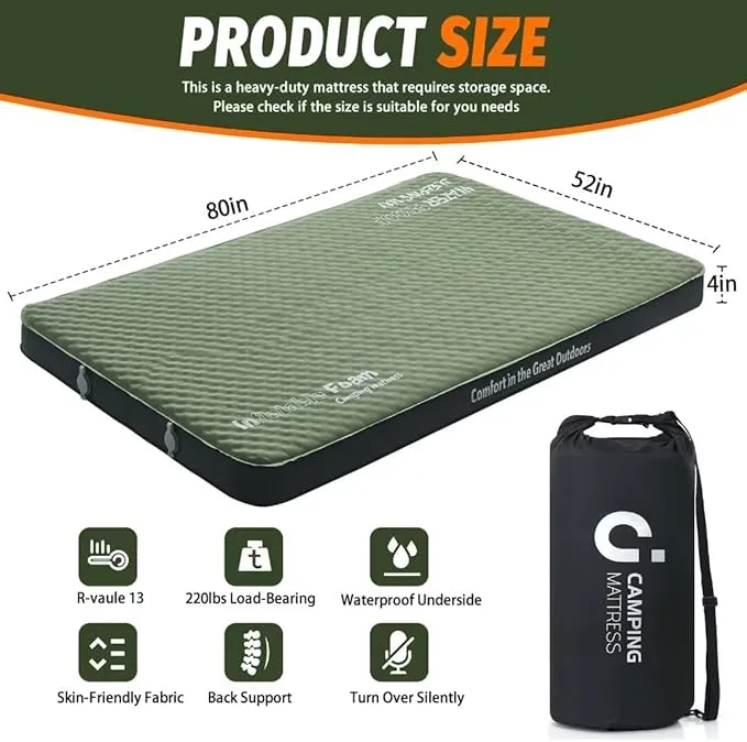 Cymula Camping Mattress 4 Ultra-Thick Self Inflating Sleeping Pad with Pump Sack with Memory Foam Sleeping Mat for Camping 4-Season,Travel,Car,Tent,Home(79"x52"x4" Double)