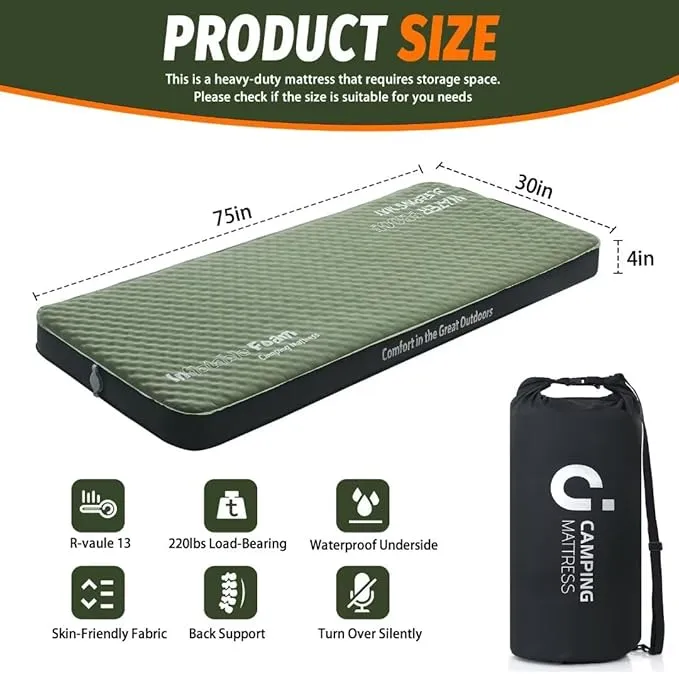 Cymula Camping Mattress 4 Ultra-Thick Self Inflating Sleeping Pad with Pump Sack with Memory Foam Sleeping Mat for Camping Cot 4-Season,Travel,Car,Tent,Home(75"x30"x4" cot)