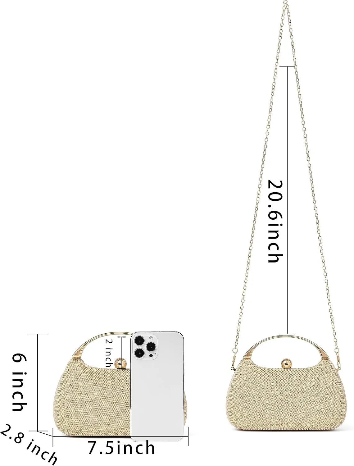 Daiblueland Metal Handle Evening Bag Formal Moon Shaped Party And Wedding Clutch Purse With Crossbody Chain