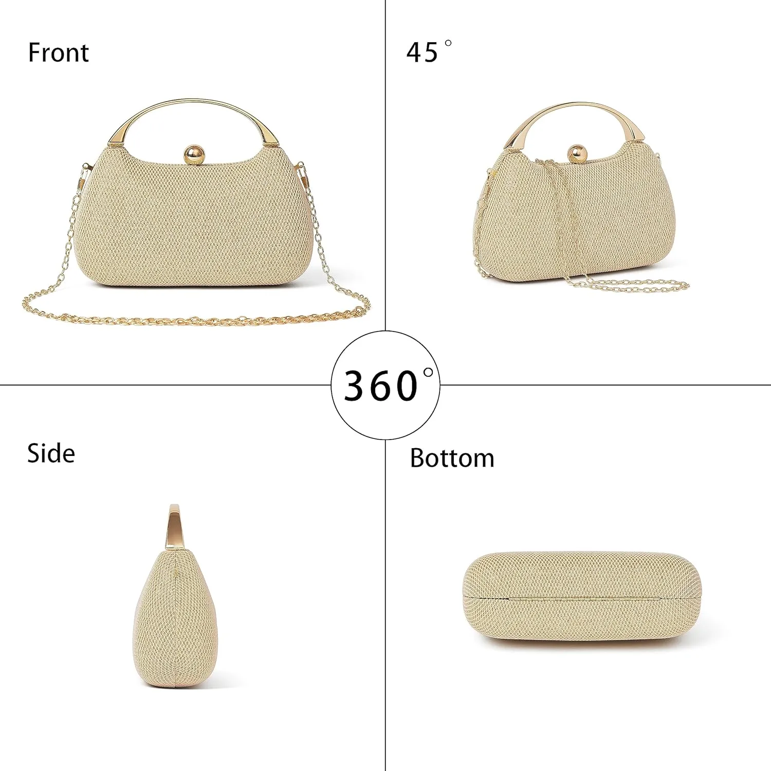 Daiblueland Metal Handle Evening Bag Formal Moon Shaped Party And Wedding Clutch Purse With Crossbody Chain