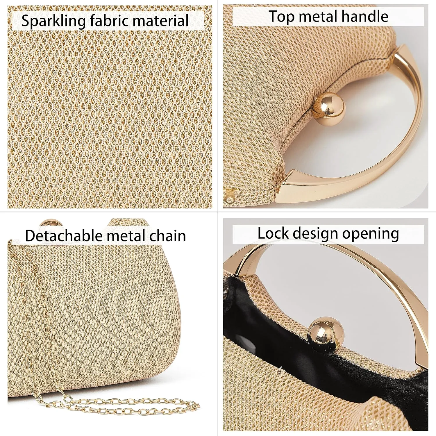 Daiblueland Metal Handle Evening Bag Formal Moon Shaped Party And Wedding Clutch Purse With Crossbody Chain
