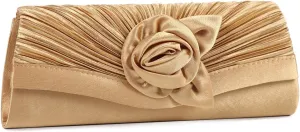 Damara Women's Satin Pleated Flower Front Evening Bag Clutch Handbag,Gold