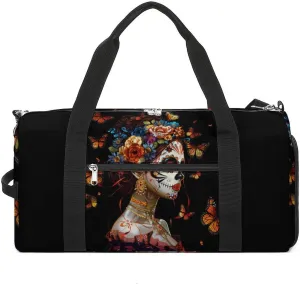 Day of The Dead Skull Woman Monarch Butterfly Sports Gym Bag Lightweight Travel Duffle Bag Carry on Weekender Bags for Women Men