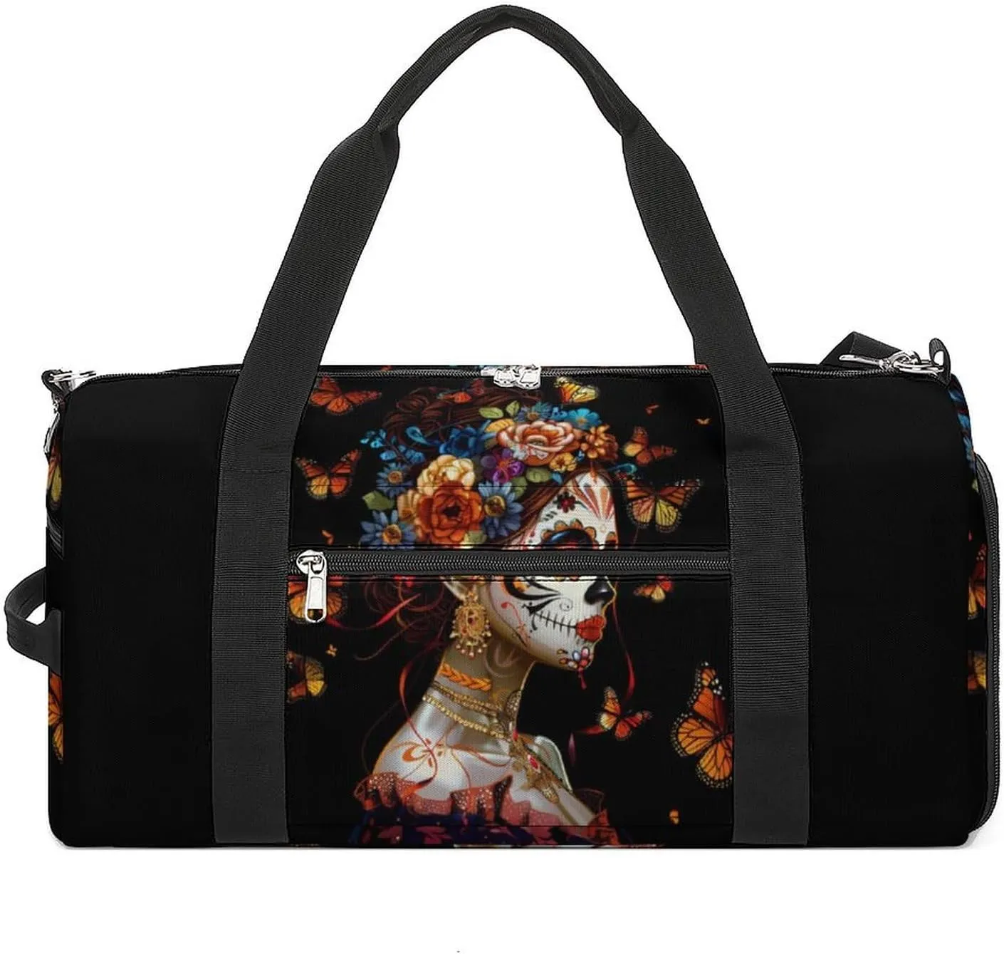 Day of The Dead Skull Woman Monarch Butterfly Sports Gym Bag Lightweight Travel Duffle Bag Carry on Weekender Bags for Women Men