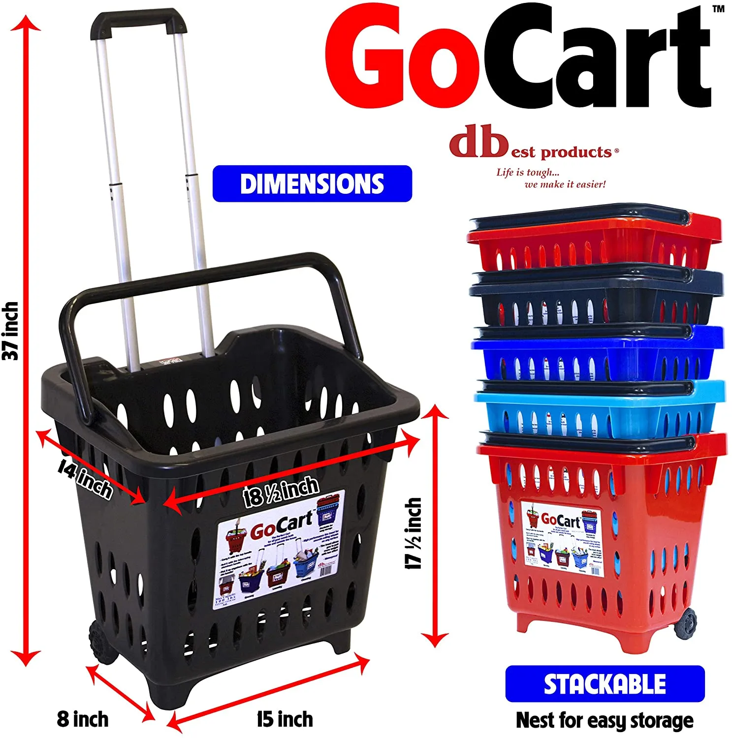 Dbest  products GoCart, Black Grocery Cart Shopping Laundry Basket on Wheels