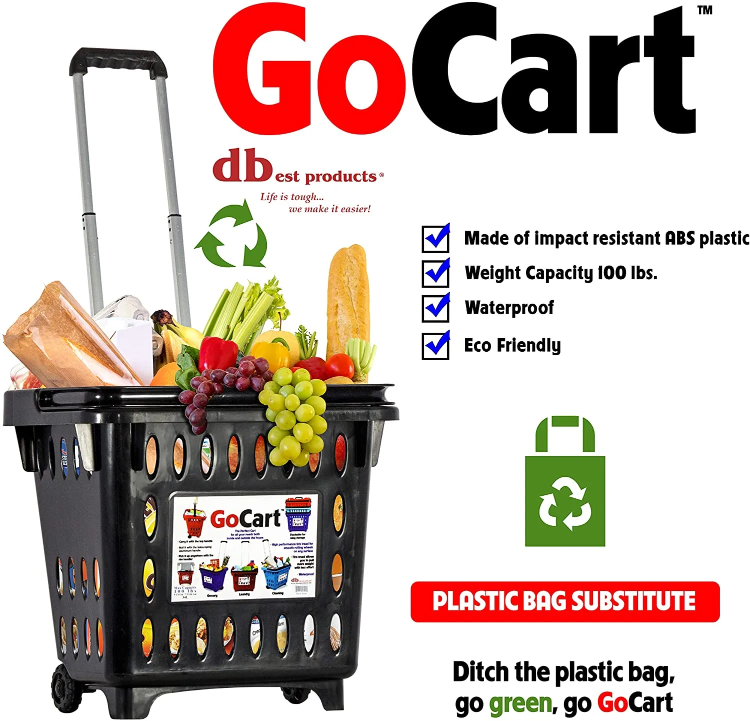 Dbest  products GoCart, Black Grocery Cart Shopping Laundry Basket on Wheels