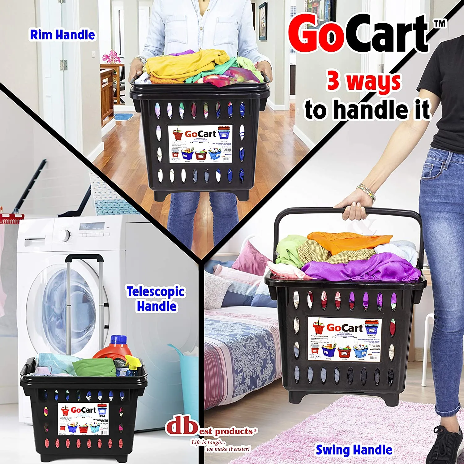 Dbest  products GoCart, Black Grocery Cart Shopping Laundry Basket on Wheels