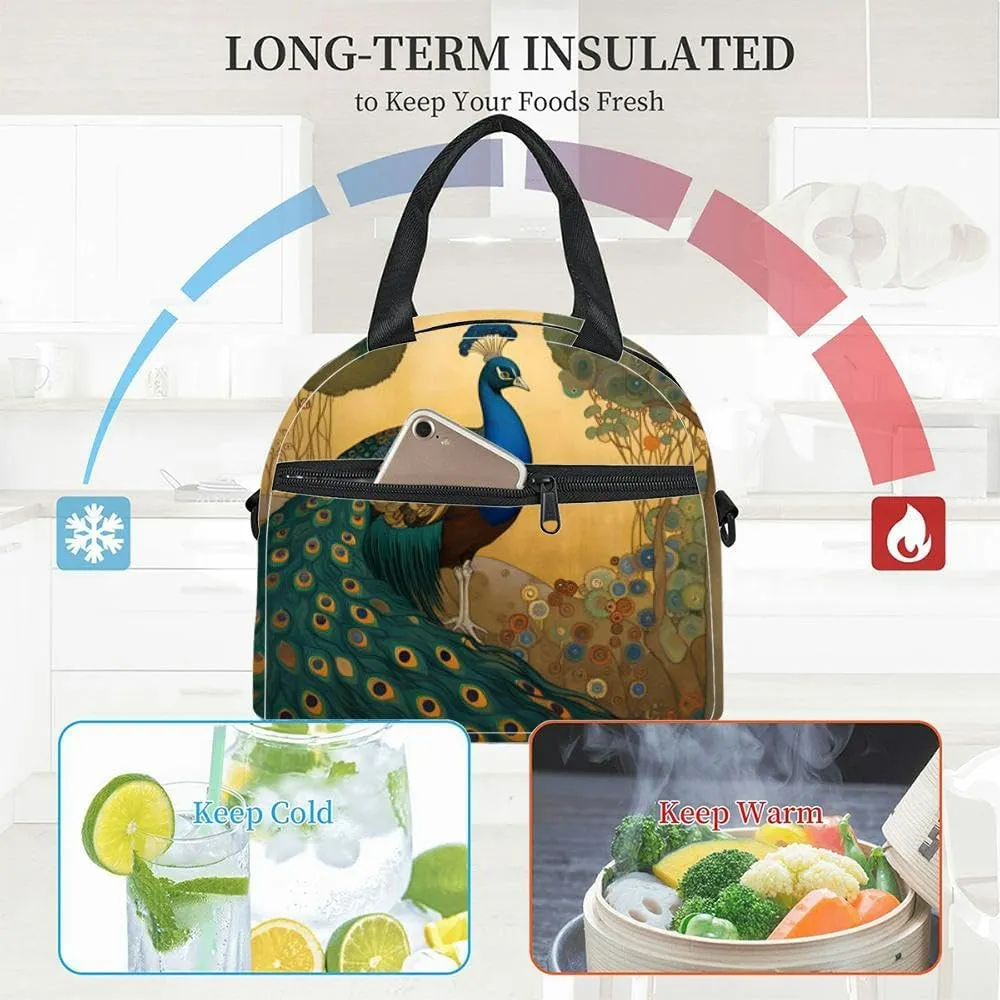 Decorative art nouveau a peacock profile an Insulated Adult Lunch Bag with Shoulder Strap for Women Lightweight Reusable Portable Freezable Lunch Tote Bag for Work Picnic