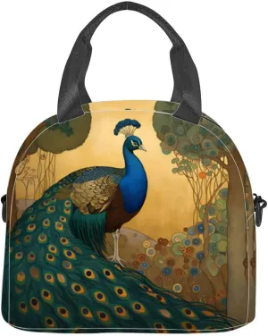 Decorative art nouveau a peacock profile an Insulated Adult Lunch Bag with Shoulder Strap for Women Lightweight Reusable Portable Freezable Lunch Tote Bag for Work Picnic