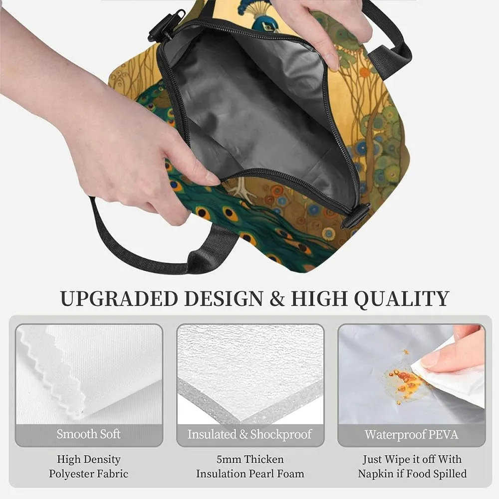 Decorative art nouveau a peacock profile an Insulated Adult Lunch Bag with Shoulder Strap for Women Lightweight Reusable Portable Freezable Lunch Tote Bag for Work Picnic