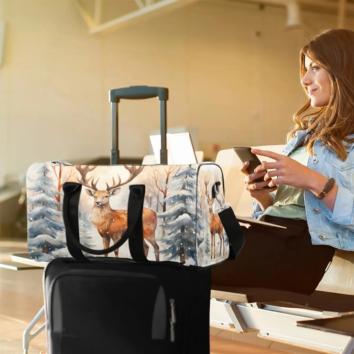 Deer Printing Travel Duffel Bag for Women Men Waterproof Foldable Overnight Weekender Bag Large Capacity Sports Gym Bag