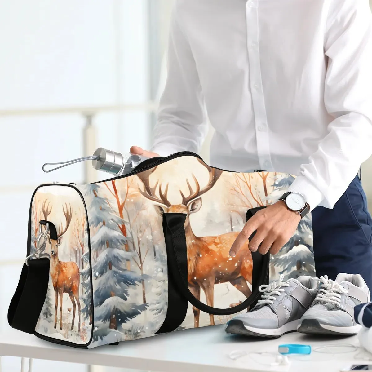 Deer Printing Travel Duffel Bag for Women Men Waterproof Foldable Overnight Weekender Bag Large Capacity Sports Gym Bag