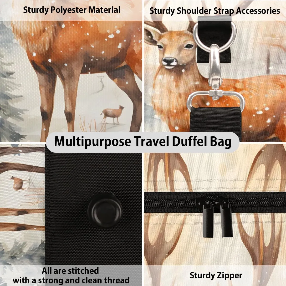 Deer Printing Travel Duffel Bag for Women Men Waterproof Foldable Overnight Weekender Bag Large Capacity Sports Gym Bag