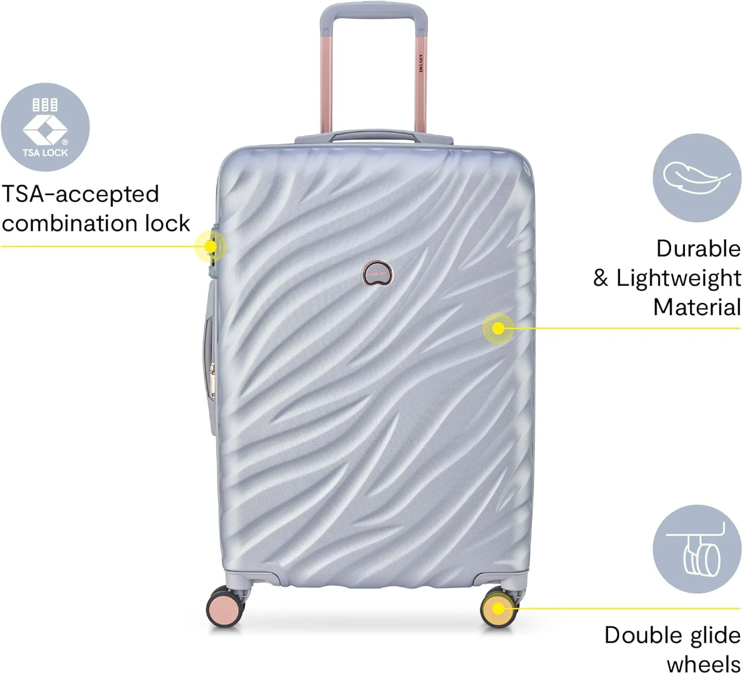 DELSEY PARIS Alexis Durable Luggage, Expandable Lightweight 4-Wheel Spinner, Easy Grip Handles for Smooth Mobility, TSA-Lock Incorporated, Men and Women, Platinum/Rose Gold, Check-In 25-Inch