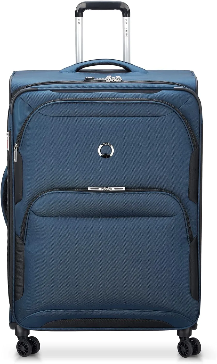 DELSEY PARIS Sky Max 2.0 Softside Expandable Luggage with Spinner Wheels, Blue, Checked-Large, 28 Inch