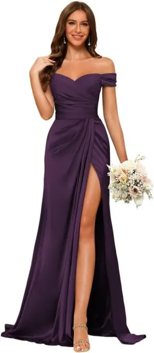 Dessiny Women's Off Shoulder Mermaid Bridesmaid Dresses 2025 with Slit Long Ruched Satin Prom Dresses DE201