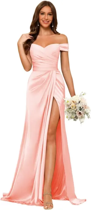 Dessiny Women's Off Shoulder Mermaid Bridesmaid Dresses 2025 with Slit Long Ruched Satin Prom Dresses DE201
