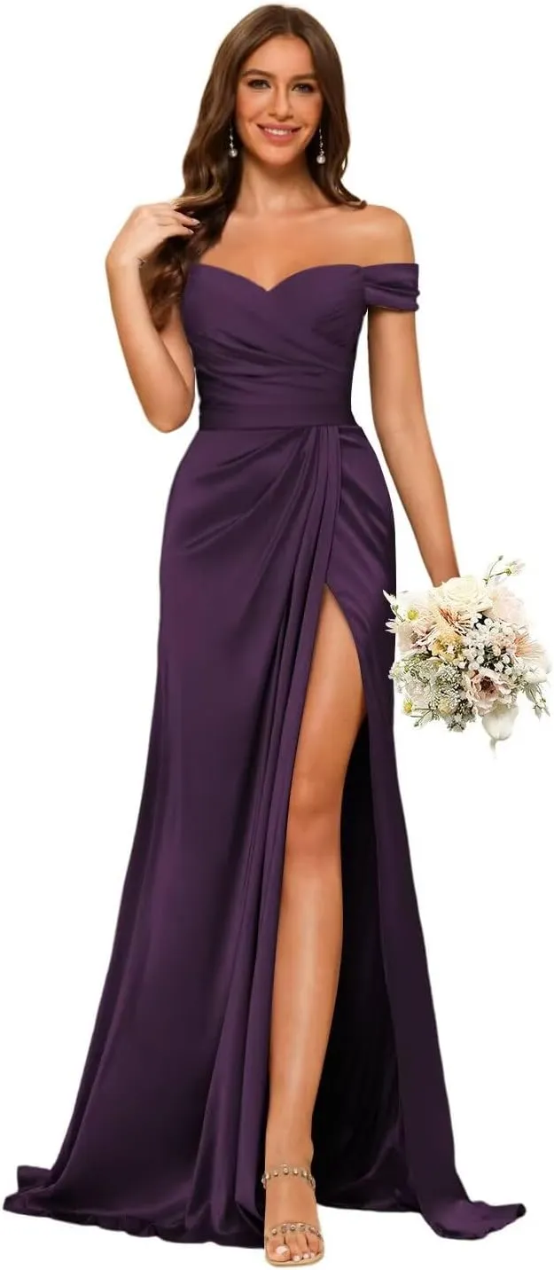Dessiny Women's Off Shoulder Mermaid Bridesmaid Dresses 2025 with Slit Long Ruched Satin Prom Dresses DE201