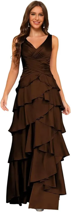 Dessiny Women's Ruffles Tiered Mermaid Bridesmaid Dresses 2025 V Neck Satin Formal Evening Dress Long DE266