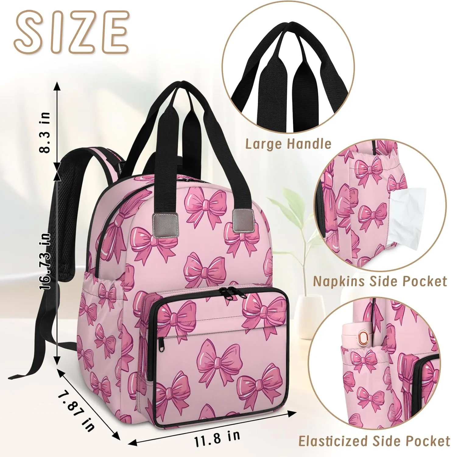 Diaper Bag Backpack Large Capacity, Pink Bow Ties Pattern Light Pink Background Nappy Hand Shoulder Bag Mummy Travel Nursing Bags Baby Shower Gifts, with Insulated Pockets and USB Charging Port