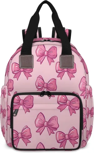 Diaper Bag Backpack Large Capacity, Pink Bow Ties Pattern Light Pink Background Nappy Hand Shoulder Bag Mummy Travel Nursing Bags Baby Shower Gifts, with Insulated Pockets and USB Charging Port