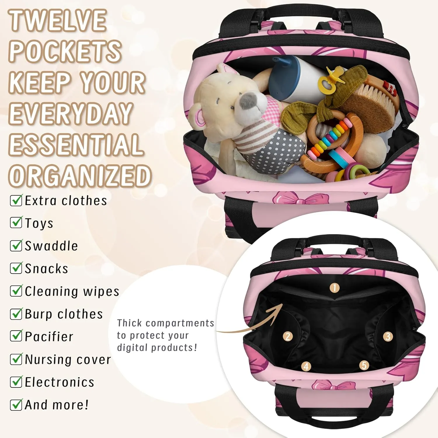 Diaper Bag Backpack Large Capacity, Pink Bow Ties Pattern Light Pink Background Nappy Hand Shoulder Bag Mummy Travel Nursing Bags Baby Shower Gifts, with Insulated Pockets and USB Charging Port