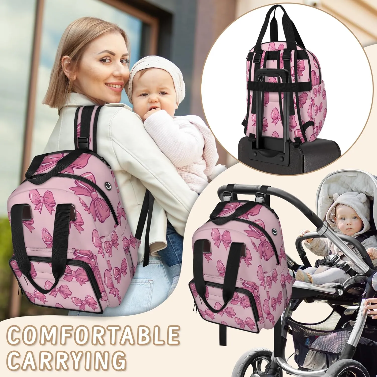 Diaper Bag Backpack Large Capacity, Pink Bow Ties Pattern Light Pink Background Nappy Hand Shoulder Bag Mummy Travel Nursing Bags Baby Shower Gifts, with Insulated Pockets and USB Charging Port