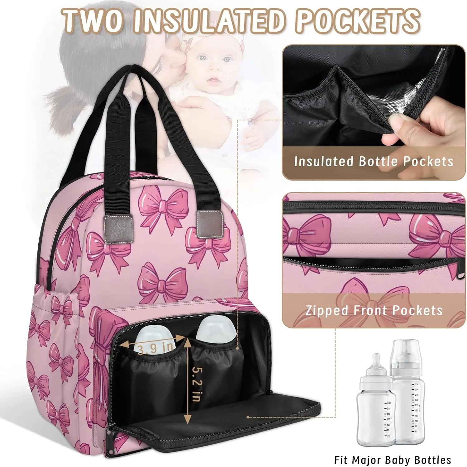 Diaper Bag Backpack Large Capacity, Pink Bow Ties Pattern Light Pink Background Nappy Hand Shoulder Bag Mummy Travel Nursing Bags Baby Shower Gifts, with Insulated Pockets and USB Charging Port