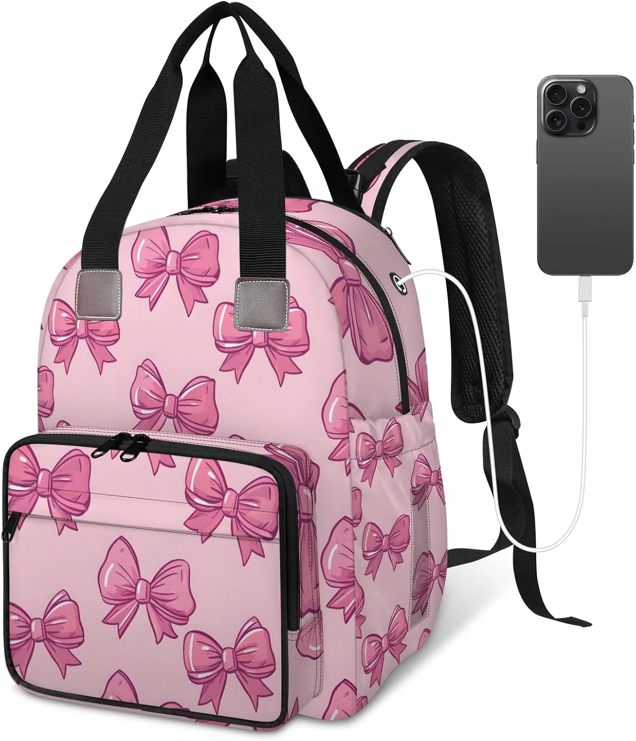 Diaper Bag Backpack Large Capacity, Pink Bow Ties Pattern Light Pink Background Nappy Hand Shoulder Bag Mummy Travel Nursing Bags Baby Shower Gifts, with Insulated Pockets and USB Charging Port