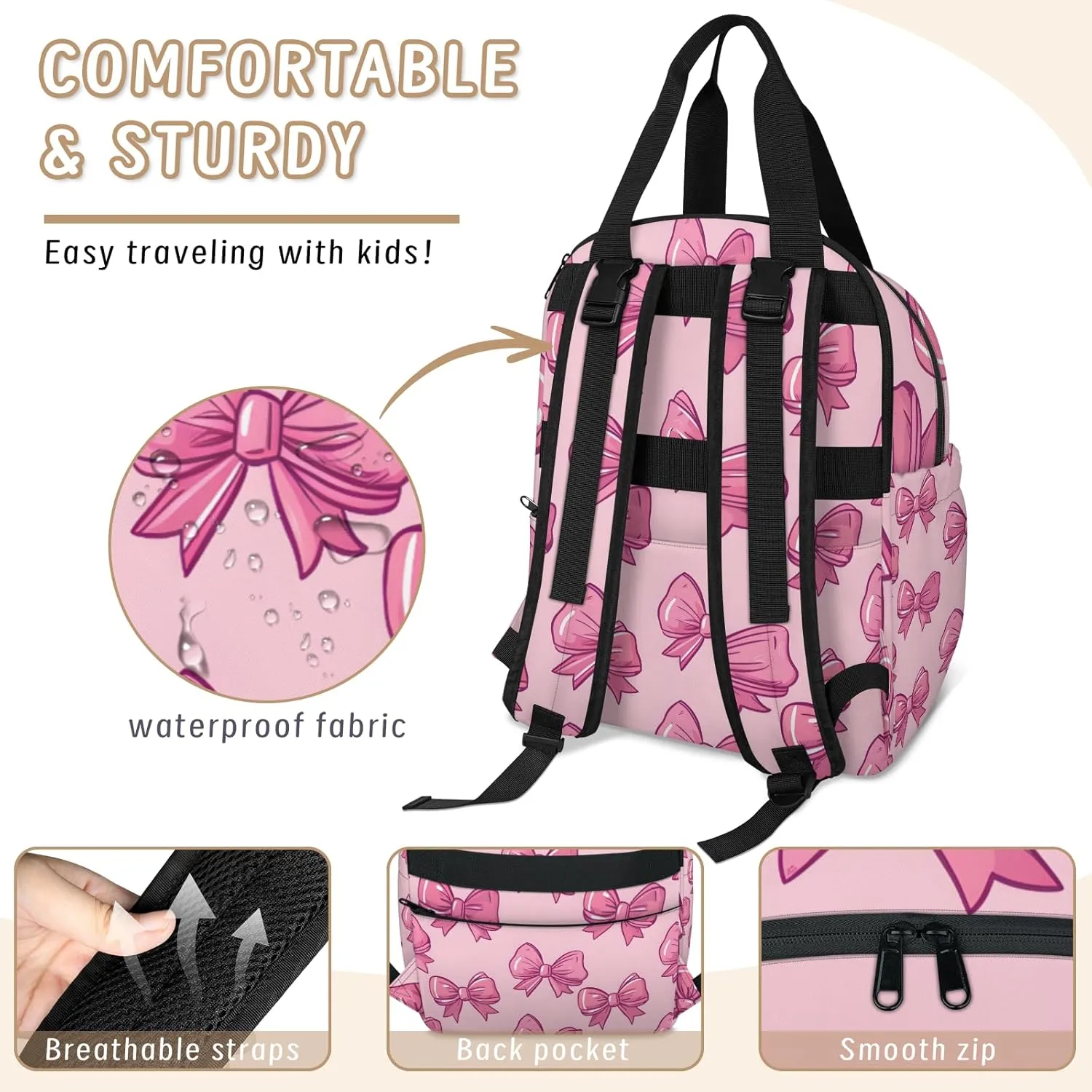 Diaper Bag Backpack Large Capacity, Pink Bow Ties Pattern Light Pink Background Nappy Hand Shoulder Bag Mummy Travel Nursing Bags Baby Shower Gifts, with Insulated Pockets and USB Charging Port