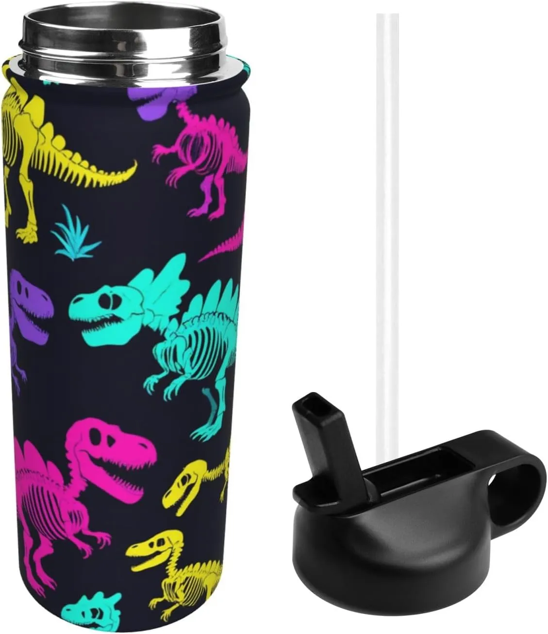 Dinosaurs Skeletons Colorful Print Water Bottles Stainless Steel 18oz Print Heat Resistance Outdoor Sports Insulated Kettle