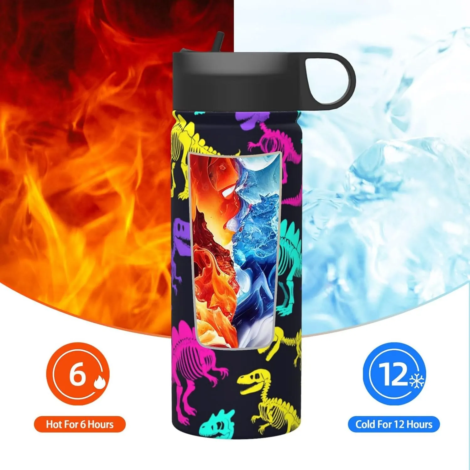 Dinosaurs Skeletons Colorful Print Water Bottles Stainless Steel 18oz Print Heat Resistance Outdoor Sports Insulated Kettle