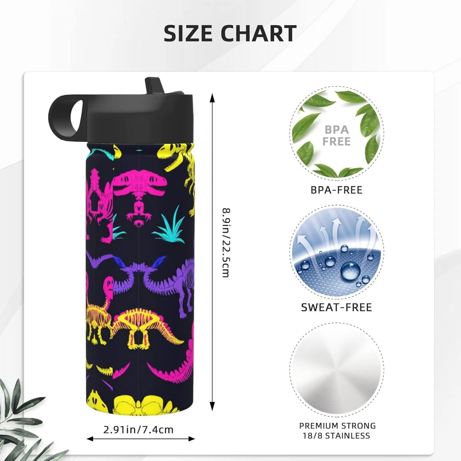 Dinosaurs Skeletons Colorful Print Water Bottles Stainless Steel 18oz Print Heat Resistance Outdoor Sports Insulated Kettle