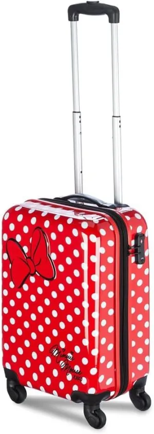 DISNEY STORE Official 21-Inch Hardside Carry On Luggage with Spinner Wheels and Retractable Handle, Carry On Suitcase for Travel - Minnie Mouse, Polka Dot Print, Embossed Bow