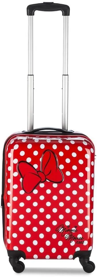 DISNEY STORE Official 21-Inch Hardside Carry On Luggage with Spinner Wheels and Retractable Handle, Carry On Suitcase for Travel - Minnie Mouse, Polka Dot Print, Embossed Bow