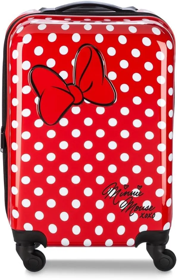 DISNEY STORE Official 21-Inch Hardside Carry On Luggage with Spinner Wheels and Retractable Handle, Carry On Suitcase for Travel - Minnie Mouse, Polka Dot Print, Embossed Bow