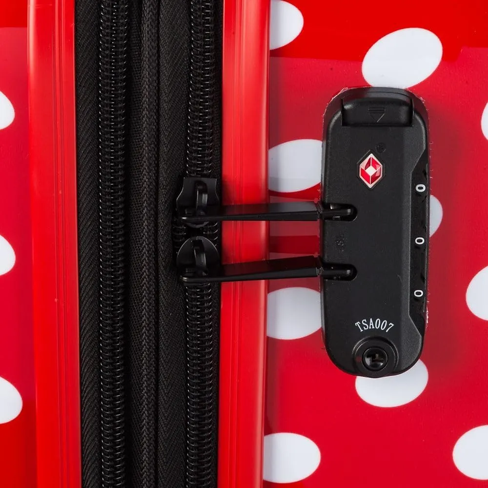 DISNEY STORE Official 21-Inch Hardside Carry On Luggage with Spinner Wheels and Retractable Handle, Carry On Suitcase for Travel - Minnie Mouse, Polka Dot Print, Embossed Bow