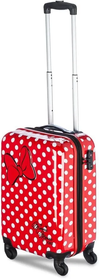 DISNEY STORE Official 21-Inch Hardside Carry On Luggage with Spinner Wheels and Retractable Handle, Carry On Suitcase for Travel - Minnie Mouse, Polka Dot Print, Embossed Bow