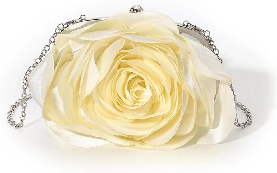 DJBM Women Cozy Satin Flower Clutch Evening Bag Unique Graceful Shouder Purse with Detachable Chain for Dinner Prom