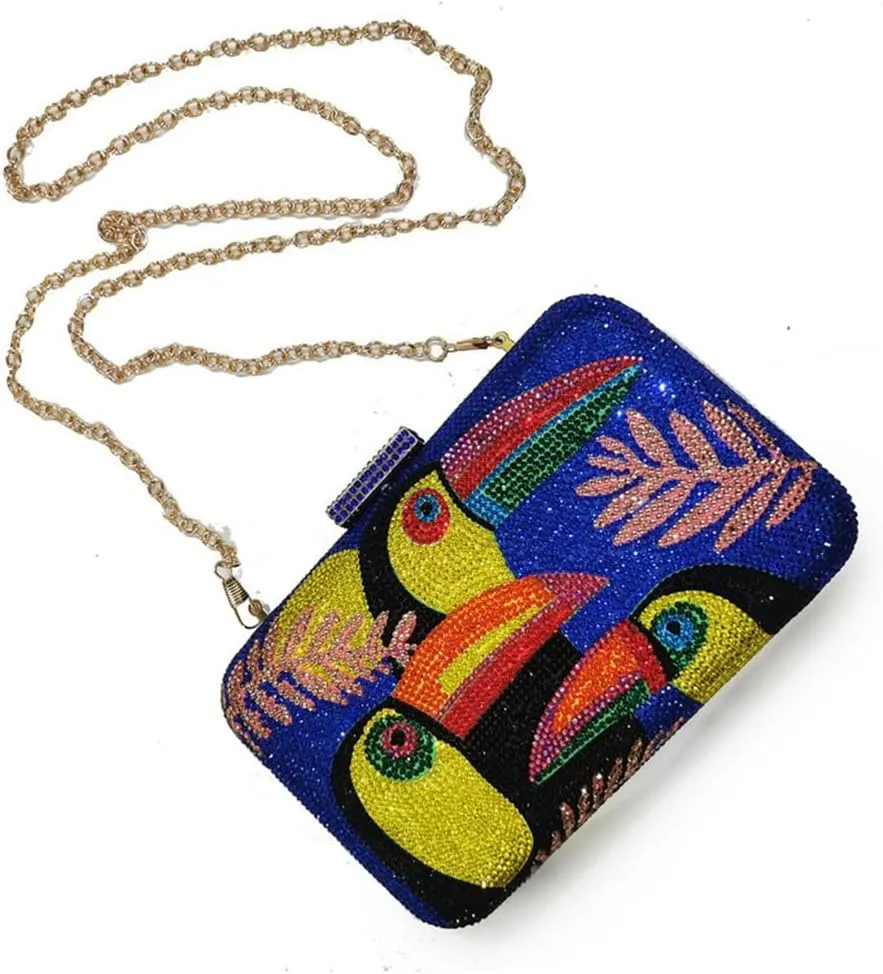DJBM Women's Colorful Bird Crystal Bag Shiny Luxury Diamond Chain Purse for Night Dates Party