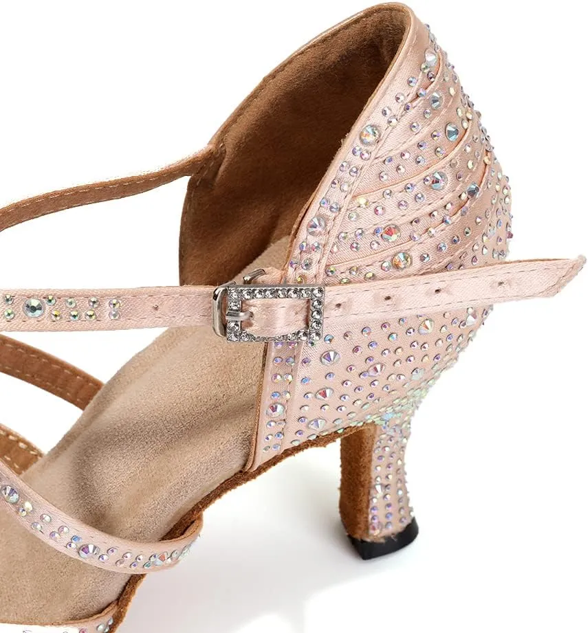 DKZSYIM Women's Satin Latin Dance Shoes Ballroom Performance Shoes,Model AFCT404