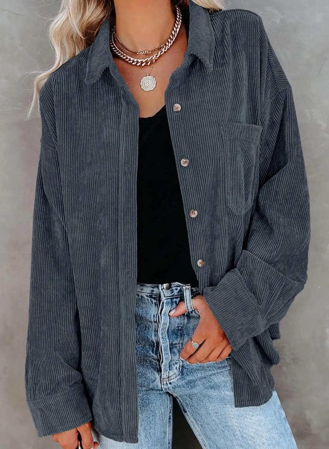 Dokotoo Womens Corduroy Button Down Shirts Boyfriend Long Sleeve Oversized Blouses Tops