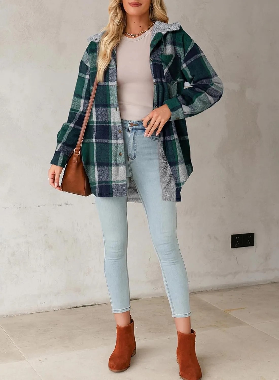Dokotoo Women's Flannel Hooded Plaid 2024 Shacket Thick Coat Winter Coat for Warmth Button down Warm and Fuzzy Fleece Jacket