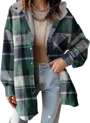 Dokotoo Women's Flannel Hooded Plaid 2024 Shacket Thick Coat Winter Coat for Warmth Button down Warm and Fuzzy Fleece Jacket