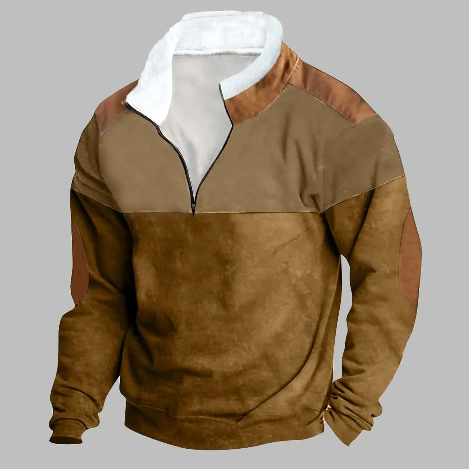 DOLKFU Men's Hoodies 1/4 Zipper Stand Collar Sweatshirts Sherpa Lined Fleece Loose Fit Pullover Tops With Elbow Patches