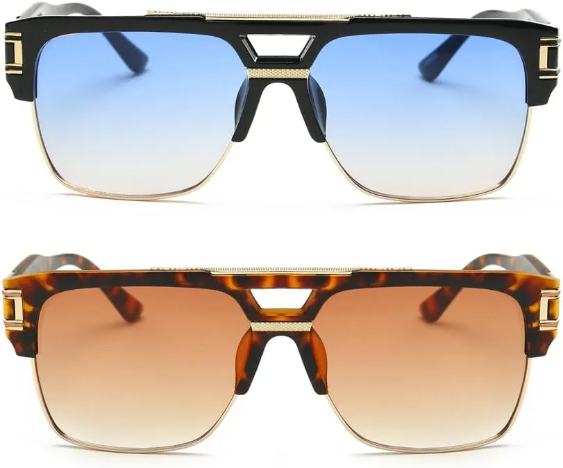 Dollger Square Sunglasses for Men Classic Oversized Sun Glasses Retro Semi Rimless Gold Alloy Frame UV400