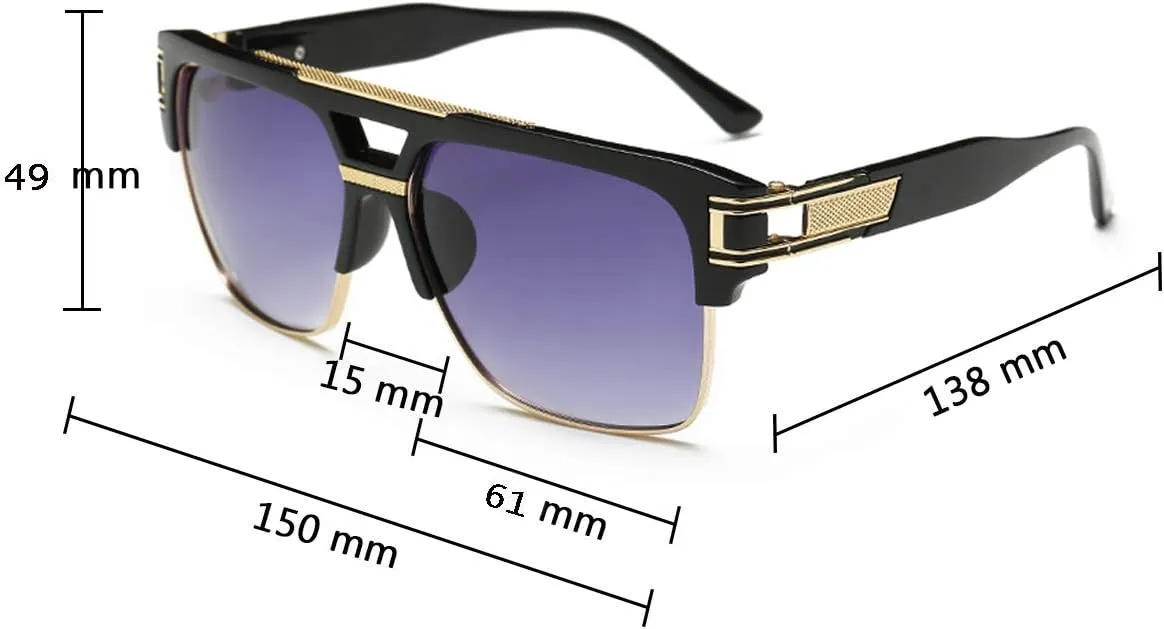 Dollger Square Sunglasses for Men Classic Oversized Sun Glasses Retro Semi Rimless Gold Alloy Frame UV400