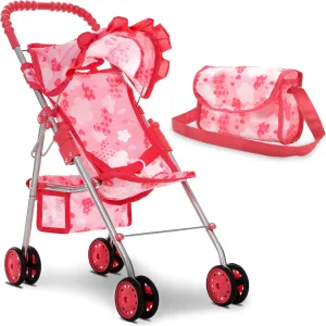 Dolls To Play Baby Doll Stroller for Girls, Toddler Play Toy Buggy Carriage Foldable with Canopy Storage Basket Travel Diaper Bag - Pink