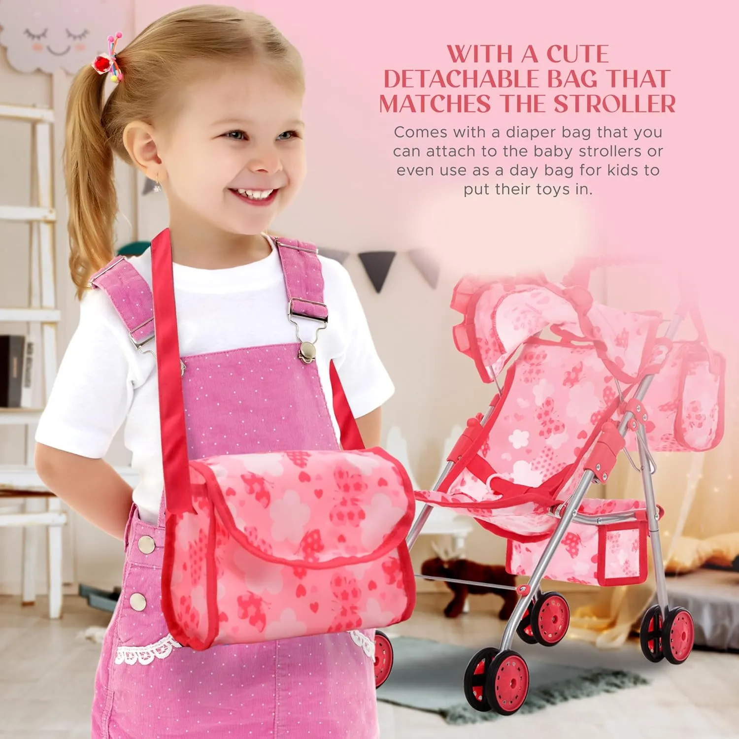 Dolls To Play Baby Doll Stroller for Girls, Toddler Play Toy Buggy Carriage Foldable with Canopy Storage Basket Travel Diaper Bag - Pink